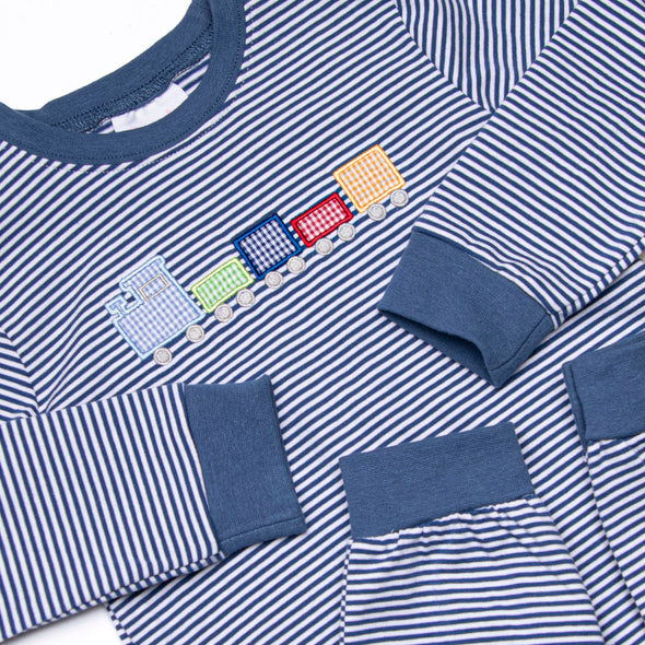 Chugging Along Applique Romper, Navy Stripe