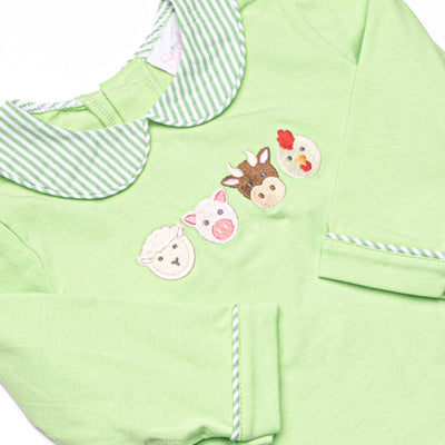 Farm Animal Friends Embroidered Long Sleeve Collared Diaper Set, Green