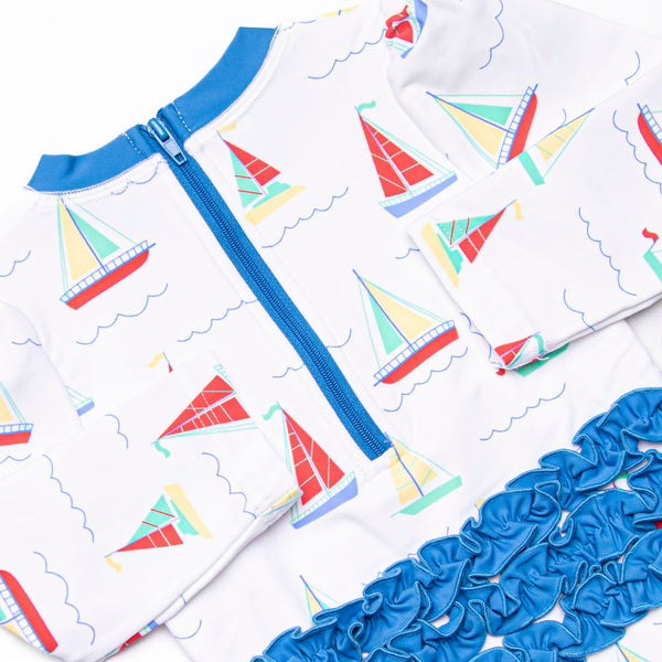 Boat Day Breeze Long Sleeve One Piece Rash Guard, Blue