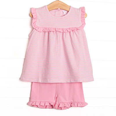  The set features precious ruffle trim, sweet pink stripes, and breathable knit material. 