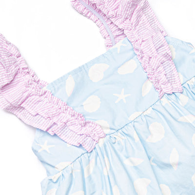 Pink Shoreline Shells Ruffle Dress, Blue