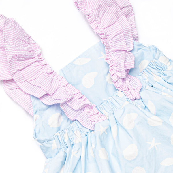 Pink Shoreline Shells Ruffle Dress, Blue