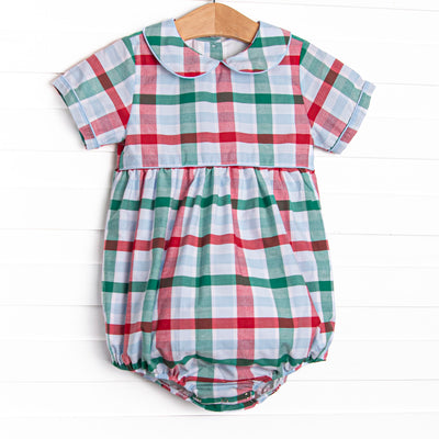  This bubble features a blue, green, and red plaid print, a peter pan collar, and short sleeves. 