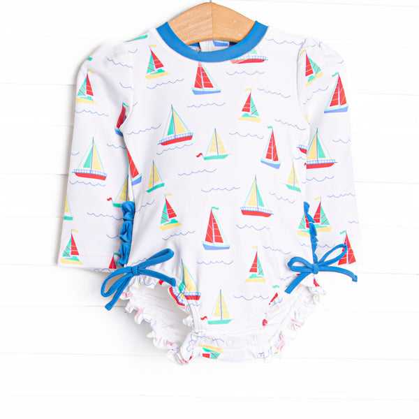 Boat Day Breeze Long Sleeve One Piece Rash Guard, Blue