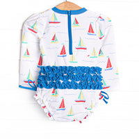 Boat Day Breeze Long Sleeve One Piece Rash Guard, Blue