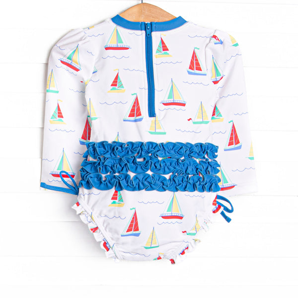 Boat Day Breeze Long Sleeve One Piece Rash Guard, Blue