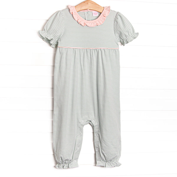 Sophie Pima Long Romper, Light Pink and Sage Stripe