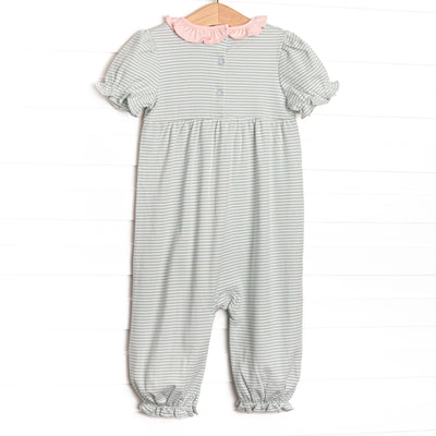 Sophie Pima Long Romper, Light Pink and Sage Stripe
