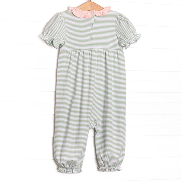 Sophie Pima Long Romper, Light Pink and Sage Stripe