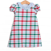 This dress features a blue, green, and red plaid print, a peter pan collar, and puff sleeves.