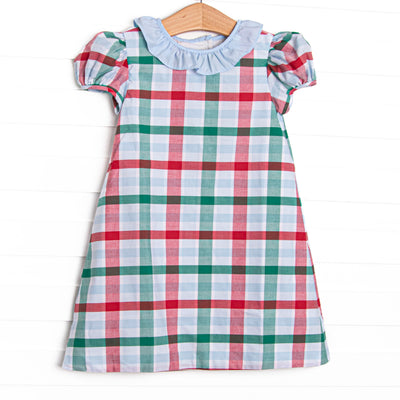 This dress features a blue, green, and red plaid print, a peter pan collar, and puff sleeves.