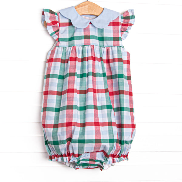 This bubble features a blue, green, and red plaid print, a peter pan collar, and flutter sleeves.
