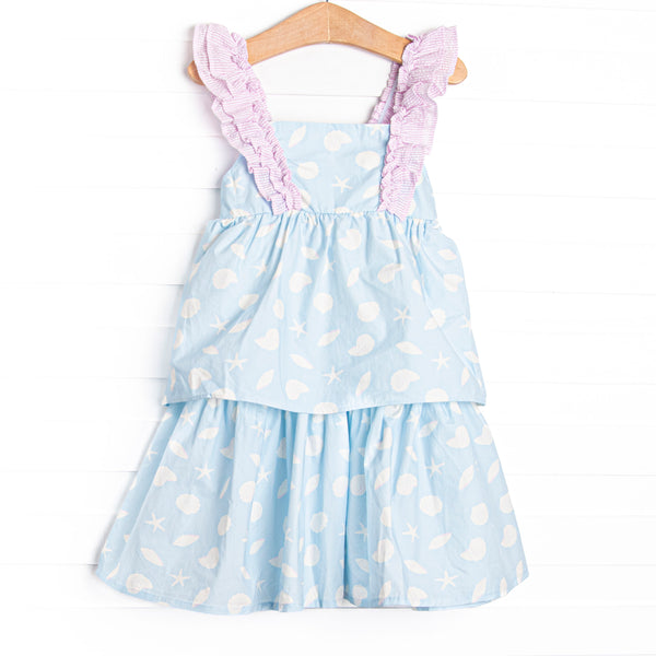 Pink Shoreline Shells Ruffle Dress, Blue