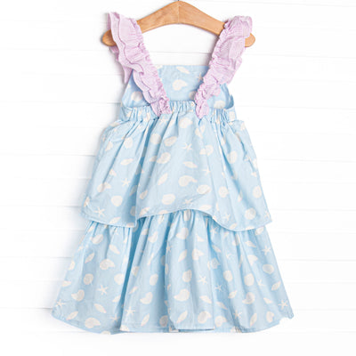 Pink Shoreline Shells Ruffle Dress, Blue