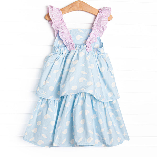 Pink Shoreline Shells Ruffle Dress, Blue