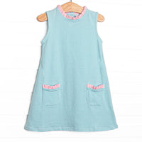  The dress features an pink ruffle trim, sweet mint stripes, and soft, breathable knit material. 