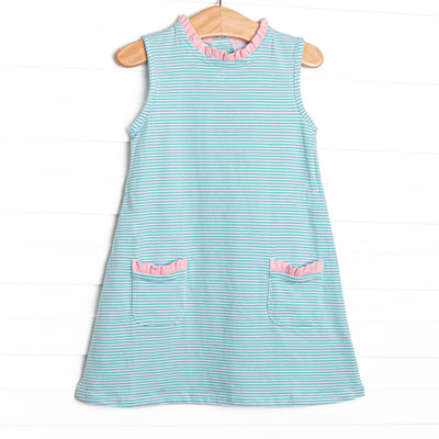  The dress features an pink ruffle trim, sweet mint stripes, and soft, breathable knit material. 