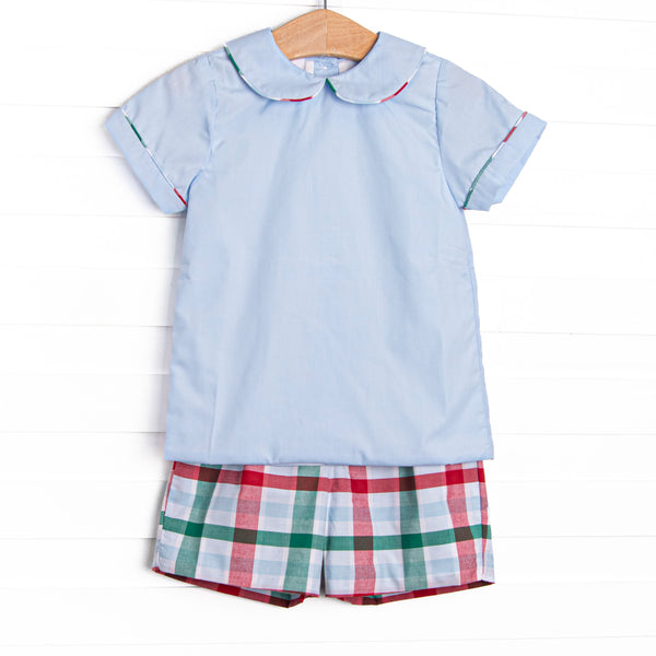 This set features a blue top with a peter pan collar, and blue, green, and red plaid print shorts to match.