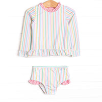 Summer Stripes Long Sleeve Rash Guard Bikini, Pink