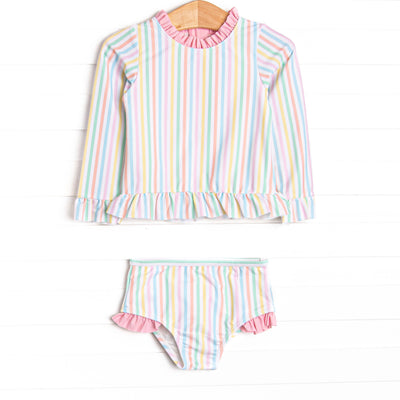 Summer Stripes Long Sleeve Rash Guard Bikini, Pink