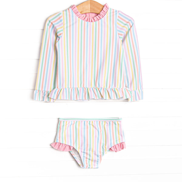 Summer Stripes Long Sleeve Rash Guard Bikini, Pink