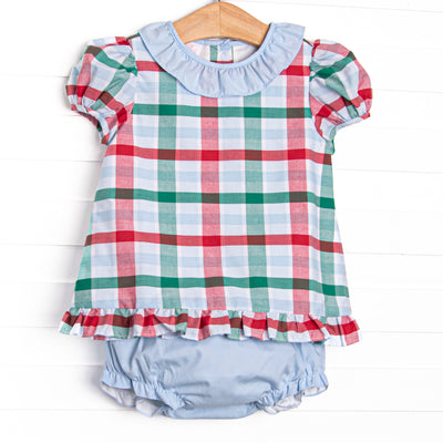 This set features a blue, green, and red plaid print, a peter pan collar, and puff sleeves. Coordinating blue diaper cover to match.
