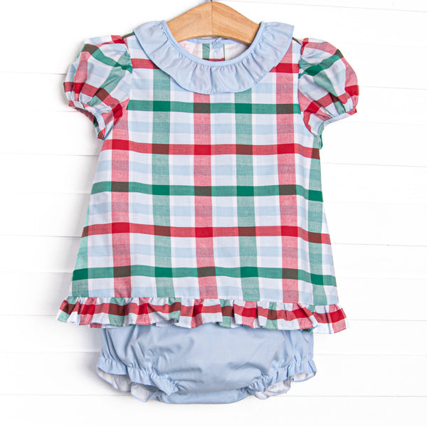 This set features a blue, green, and red plaid print, a peter pan collar, and puff sleeves. Coordinating blue diaper cover to match.