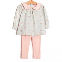 This set features green stripes, a pink floral print, and a peach Peter Pan collar. Coordinating peach leggings to match. 