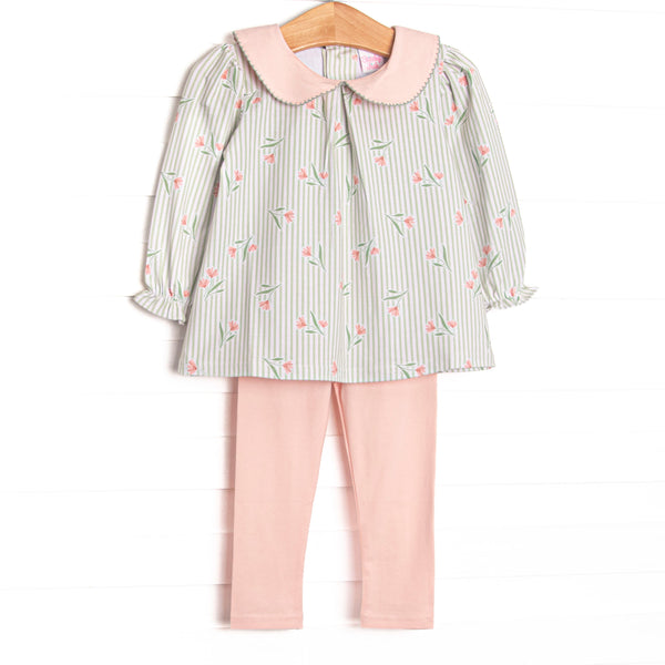  This set features green stripes, a pink floral print, and a peach Peter Pan collar. Coordinating peach leggings to match. 