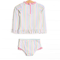 Summer Stripes Long Sleeve Rash Guard Bikini, Pink