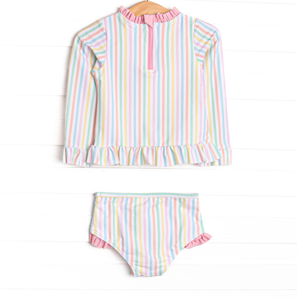 Summer Stripes Long Sleeve Rash Guard Bikini, Pink