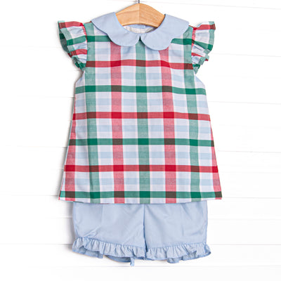  This set features a blue, green, and red plaid print, a peter pan collar, and flutter sleeves. Coordinating blue ruffle shorts to match. 