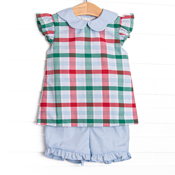  This set features a blue, green, and red plaid print, a peter pan collar, and flutter sleeves. Coordinating blue ruffle shorts to match. 