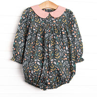  This precious long sleeve bubble is a perfect mesh of sage floral and light pink corduroy, and snaps on the stride to make changing a breeze. 