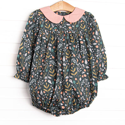  This precious long sleeve bubble is a perfect mesh of sage floral and light pink corduroy, and snaps on the stride to make changing a breeze. 