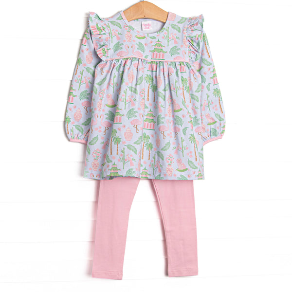  This set features a mahjong inspired print, ruffle trim, and pink leggings to match. 
