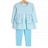 The set features soft knit material, sweet aqua stripes, and coordinating aqua leggings to match.