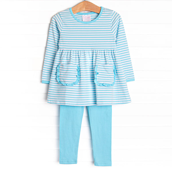 The set features soft knit material, sweet aqua stripes, and coordinating aqua leggings to match.