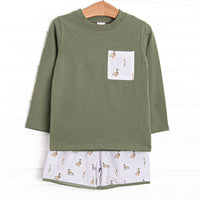  This short set features a green top with a front pocket detail and coordinating mallard print shorts. 