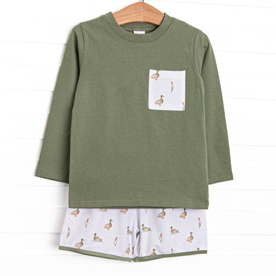  This short set features a green top with a front pocket detail and coordinating mallard print shorts. 