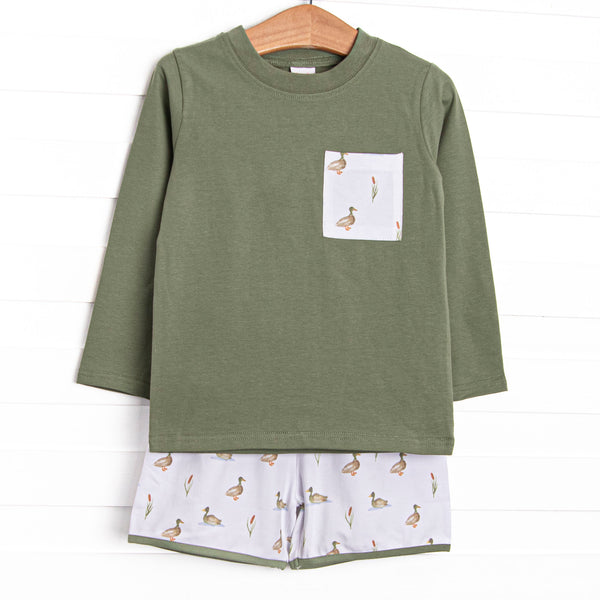  This short set features a green top with a front pocket detail and coordinating mallard print shorts. 