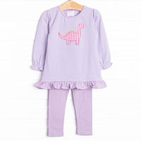 This set features purple striped print, ruffle hem, and a dinosaur applique. Coordinating purple leggings to match.