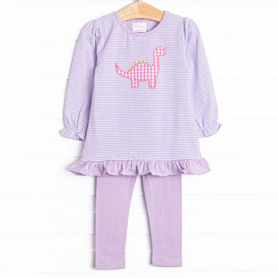 This set features purple striped print, ruffle hem, and a dinosaur applique. Coordinating purple leggings to match.