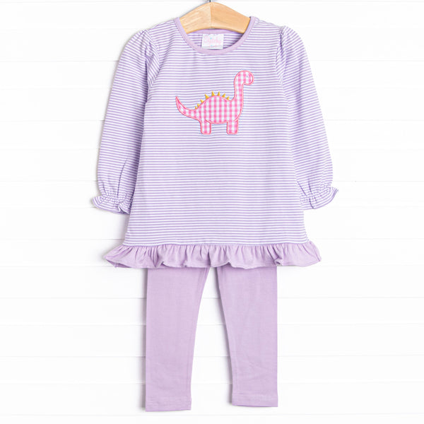 This set features purple striped print, ruffle hem, and a dinosaur applique. Coordinating purple leggings to match.