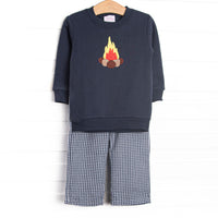 This set features a navy blue sweatshirt top with camp inspired appliques and navy blue gingham pants to match