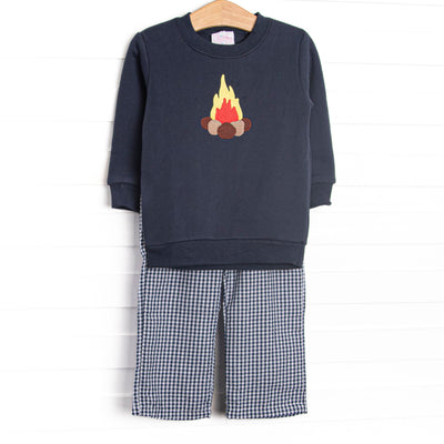 This set features a navy blue sweatshirt top with camp inspired appliques and navy blue gingham pants to match
