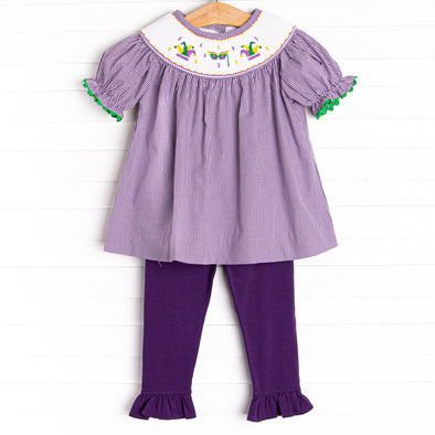 Mardi Gras Jester Smocked Ruffle Legging Set, Purple