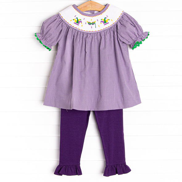 Mardi Gras Jester Smocked Ruffle Legging Set, Purple