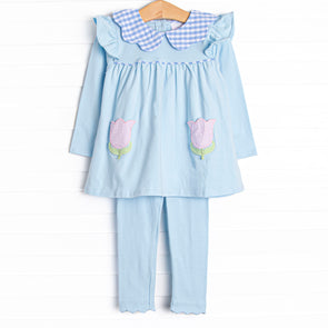 Two Tulips Applique Legging Set, Blue