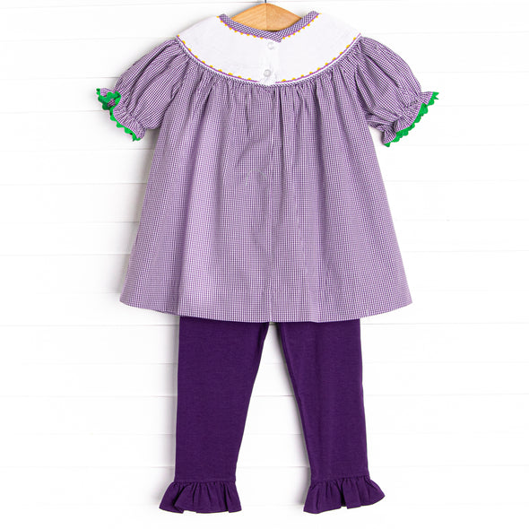 Mardi Gras Jester Smocked Ruffle Legging Set, Purple